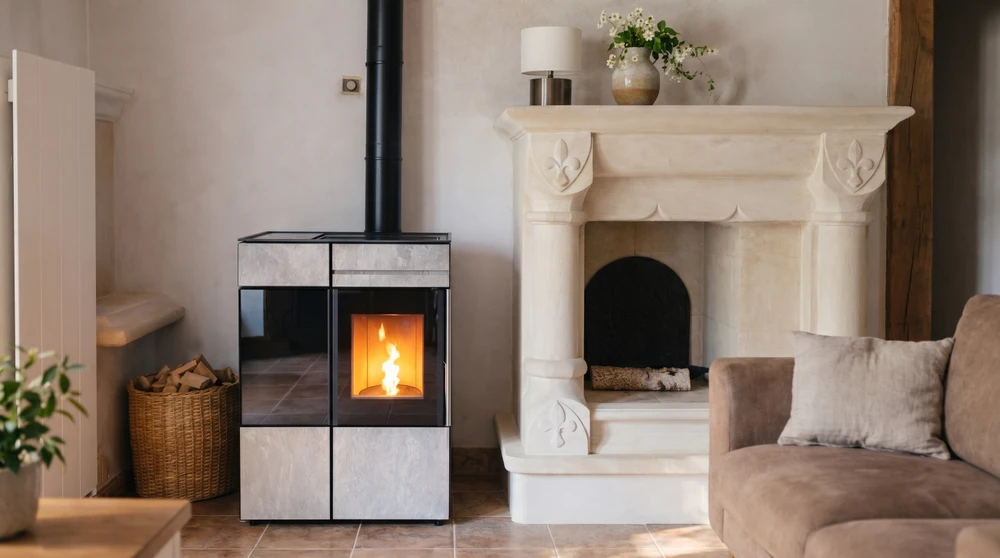 Salon rustique avec deux systèmes de chauffage : un poêle à granulés moderne habillé de pierre naturelle claire avec vitre et flamme visible, raccordé à un conduit noir, et une cheminée ancienne en pierre calcaire sculptée avec fleurs de lys, non allumée